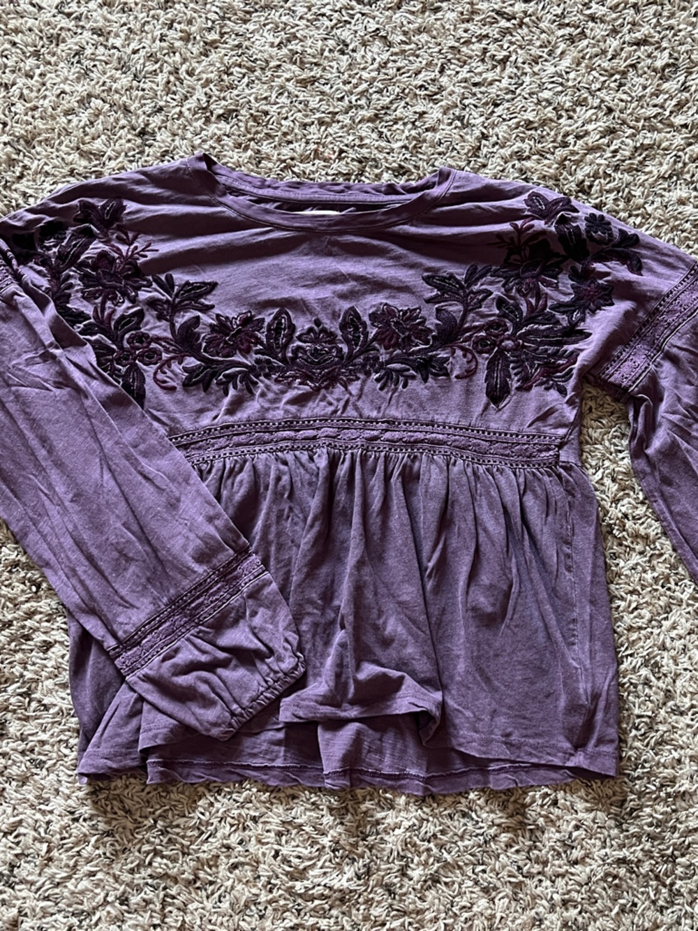 Lucky Brand Purple Embroidered Peplum Long-Sleeve Top